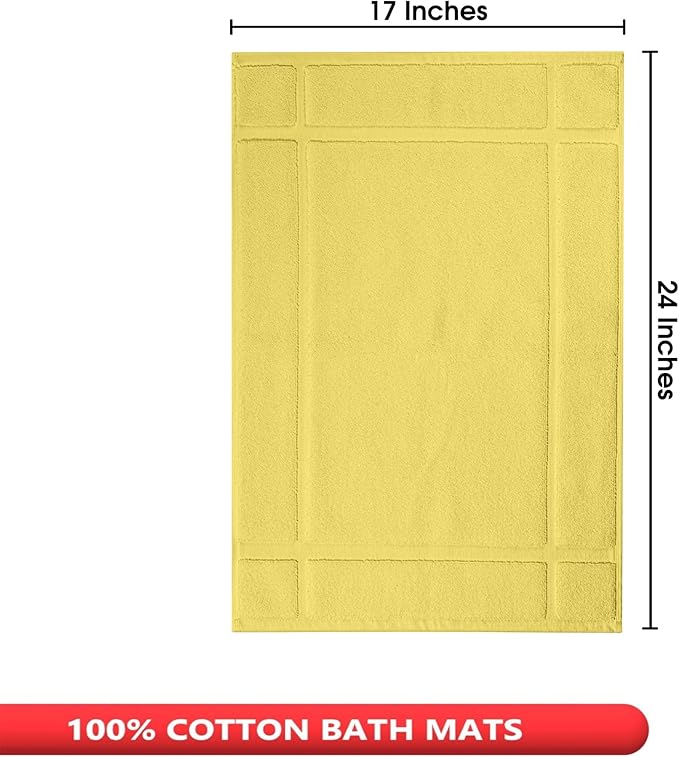 Ample Decor 100% Cotton Bath Mats 24 x 17 Inches, Quick Dry, 1350 GSM Banded Border Shower Bathroom Floor Mat, Not Bathroom Rug - Yellow, 2 Pack