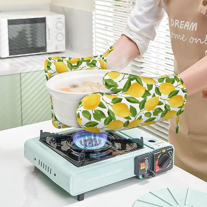 Lemon Oven Mitts and Pot Holders Sets of 4,Resistant Hot Pads with Silicone Non-Slip BBQ Gloves for Kitchen,Cooking,Baking,Grilling