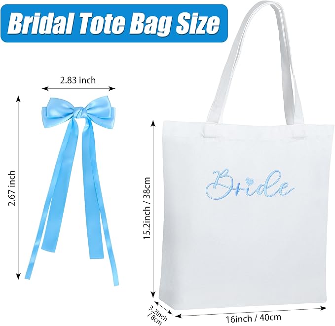 WUBOECE Bride Canvas Tote Bag White Blue Satin Bows Bachelorette Party Decorations Bride to Be Purse Accessory Bridesmaid Gift Bridal Shower Gifts Engagement Party Accessories