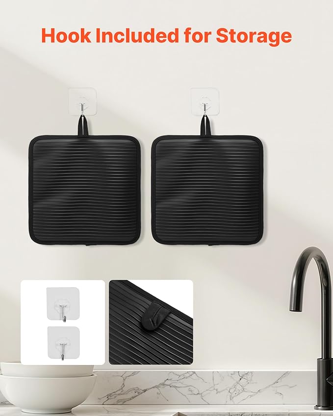 VEVOR Pot Holders, Heat Resistant to 500°F with Ribbed Soft Anti-Slip Silicone Strips, 100% Cotton 9.06 x 8.98 inch Hot Pads with 2 No-Marks Hooks, Washable Pot Trivets for Kitchen & Barbeque, 2 Pack