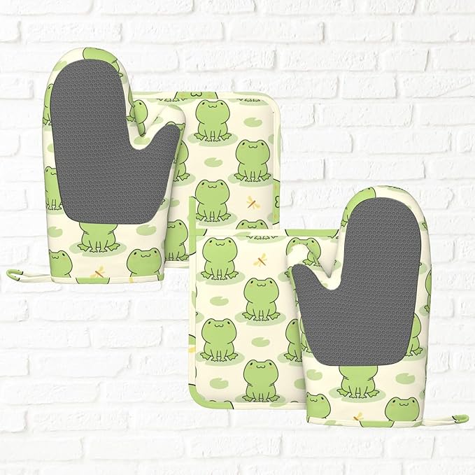 Cute Frog Oven Mitts and Pot Holders Set of 4 Silicone Heat Resistant Oven Mitten Potholders Non Slip Gloves Kitchen Decor for BBQ Cooking Grilling Baking