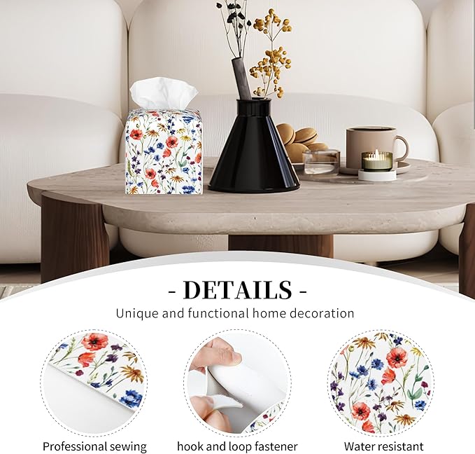 POIUBLE Watercolor Flowers Tissue Box Cover Daisy Leather Tissue Box Holder Square Facial Paper Organizer Dispenser for Bathroom Kitchen Bedroom Vanity Countertop Night Stands