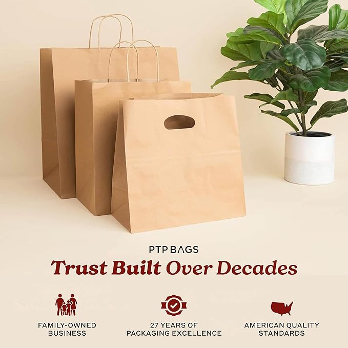 Natural Brown Kraft Paper Bags with Die Cut Handles 11" x 6" x 11" - Recyclable Shopping Tote Bag for Retail, Gifts, Restaurant Takeout, Catering, Bakery, Small Business, Party Favors - 500 Pack
