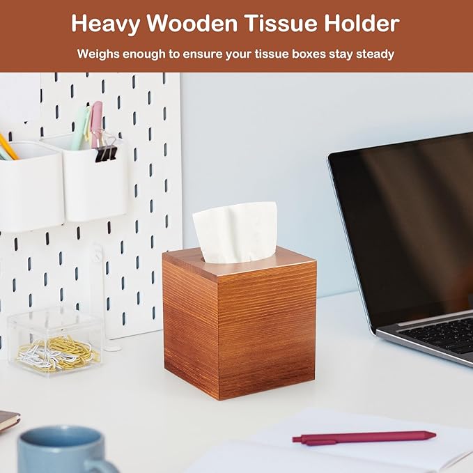 GCWSTJK Tissue Box Cover Square, Cube Wooden Tissue Box Holder, Decorative Facial Tissue Dispener for Vanity Toilet Tank Dresser Nights Stand Kitchen Table Countertop Office, Brown