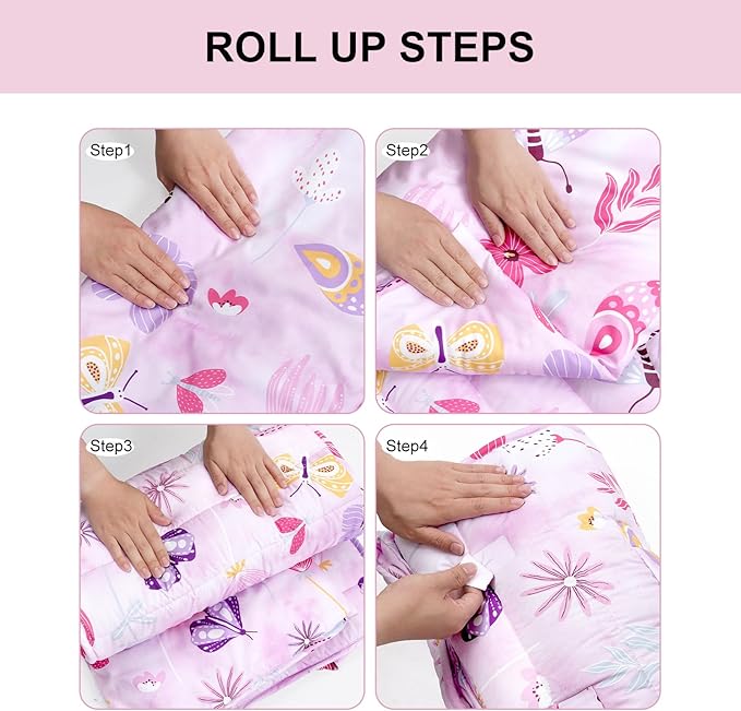 david's kids Toddler Nap Mat Set with Removable Pillow, Ultra Soft Slumber Bags for Girls，Perfect for Preschool, Daycare, Kids Sleeping Bags with Rollup Design, 50"x20", Butterfly