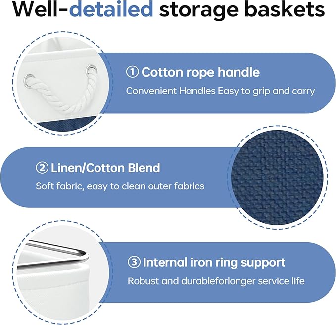 ECDYQXVU 13x13 Inch Cube Storage Bins with Reinforced Bottom Cardboard, 6 Pack Large Foldable Fabric Storage Cubes with Handles for Shelf, Closet, Laundry Organization (White&Navy Blue)