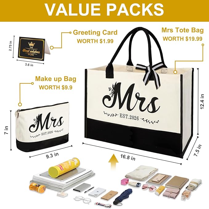 Vanqruo Mrs 2026 Canvas Tote Bag for Bride with Cosmetic Bag, Bride Gifts for Bridal Shower, Wedding Gifts for Bride to Be, Engagement, Bachelorette Party, Honeymoon, Miss to Mrs