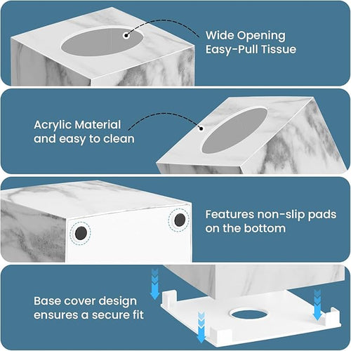 2 Pack Marble Tissue Box Cover, Square Acrylic Tissue Holder, Decorative Facial Tissue Box Vessel Cube Paper Organizer Dispenser for Bathroom Office, Night Stand, Desk, Car, Vanity, Countertops