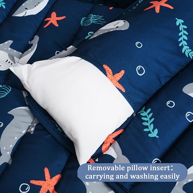 PHF Toddler Nap Mat with Removable Pillow and Minky Fleece Blanket, Rollup Design Warm Slumber Bags for Boys, 52"x20"x2" Kids Sleeping Bag for Daycare Preschool Travel Camping, Shark