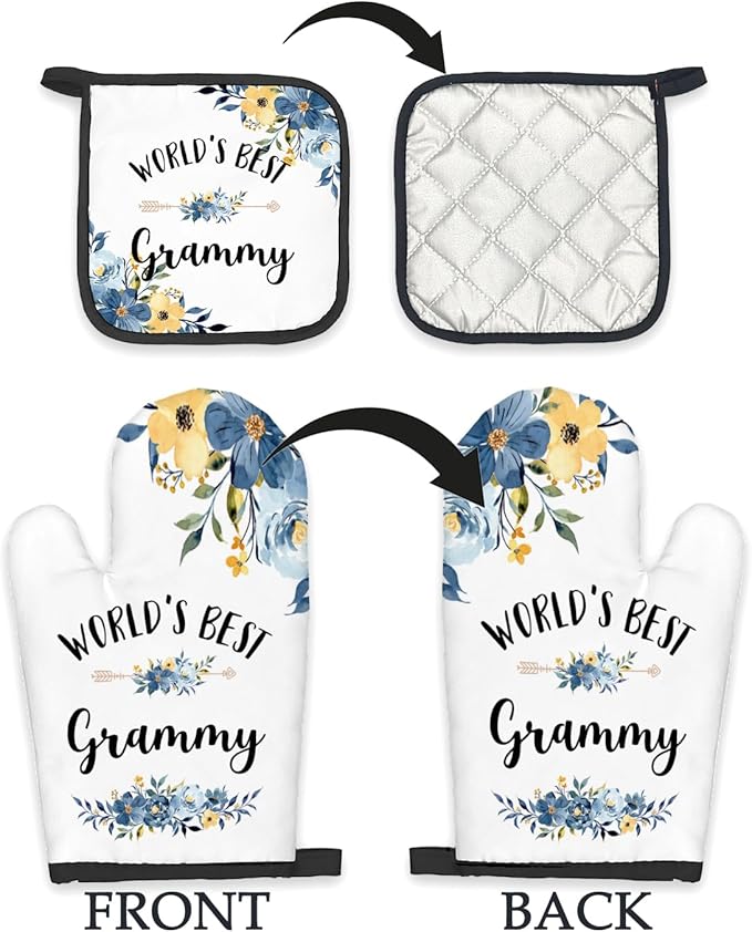 Grammy Gifts Oven Mitts and Pot Holders Sets, Gifts for Grammy from Grandkids Kitchen Decor Accessories Sets, World’s Best Grammy Heat Resistant Oven Glove Potholders for Kitchen Cooking