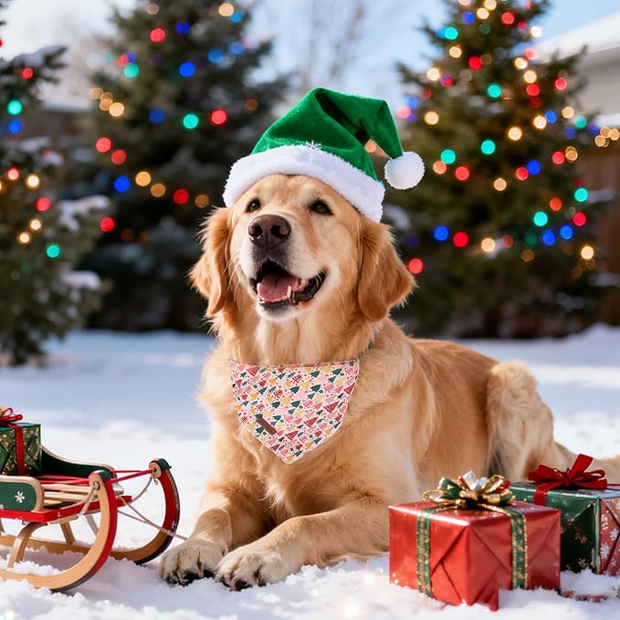 UP URARA PUP Christmas Dog Bandana–Pink Christmas Tree Triangle Scarf for Small Medium Large Dogs, Soft Cotton Pet Bib for Winter & New Year, Adjustable Dog Kerchief
