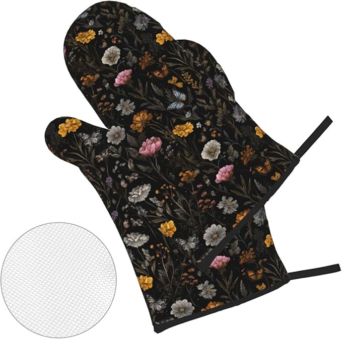 Oven Mitts and Pot Holders Sets of 4 Flower Butterfly Boho Botanical Kitchen Potholder Gloves Heat Resistant Non-Slip for Chef Baking Cooking Grilling BBQ Mittens