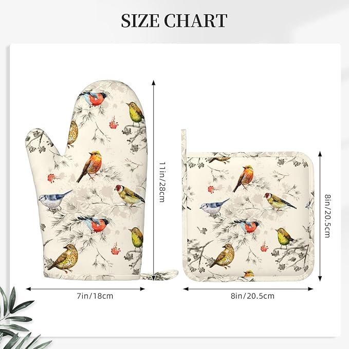 Beige Vintage Bird Oven Mitts And Pot Holders Set Of 4 Silicone Heat Resistant Oven Mitten Potholders Non Slip Gloves Kitchen Decor For Bbq Cooking Grilling Baking