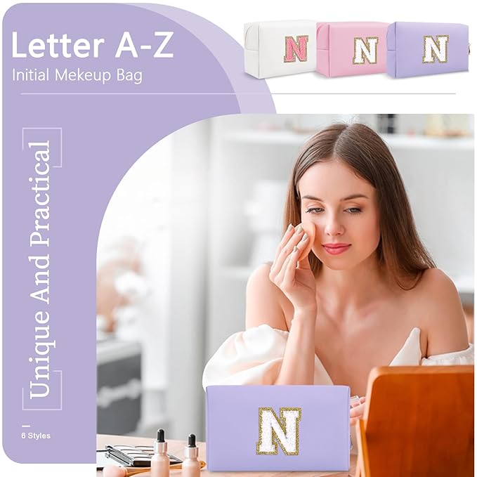 Personalized Makeup Bag Initial A-Z Preppy Patch Bag,Small PU Leather Travel Cosmetic Bag Pouch with Zipper,Purple Cute Toiletry Bag,Gift Ideal for Teen Girls Women Birthday Friend Mom,Latter N