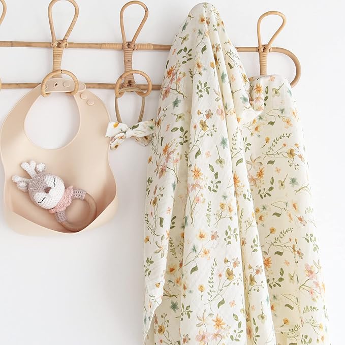 LifeTree Baby Muslin Swaddle Blankets for Boys & Girls, Newborn Swaddle Set with Matching Headband Bow, Infant Blanket Wrap, 47 x 47 inches, Floral Motif, 70% Viscose Bamboo and 30% Cotton