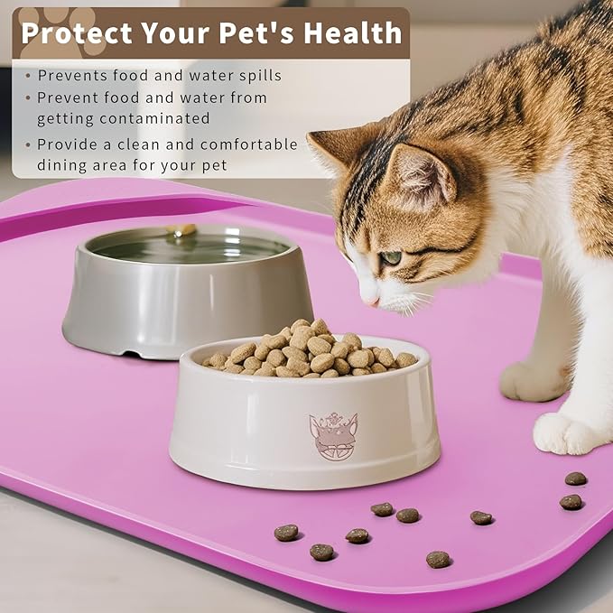 Smilool Silicone Pet Food Mat with Raised Edge for Food and Water Bowl, Dog Feeding Mats, Cat Food Trays for Floor Waterproof, Rubber Tray for Dogs and Cats, 24 x 16 x 0.8 Pink