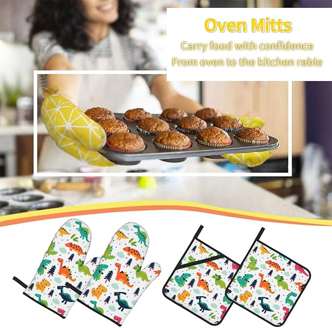 Cute Dino Kawaii Dinosaur Oven Mitts and Pot Holders Set of 4, Oven Mittens and Potholders Heat Resistant Gloves for Kitchen Cooking Baking Grilling BBQ