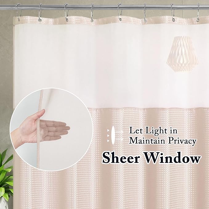 Gibelle Waffle Weave Shower Curtain with Mesh Top Window and Hooks Set, Spa Like Hotel Style Fabric Shower Curtain for Bathroom, Blush Pink, 72x72