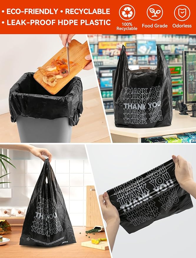 UMT Plastar 500 Count Thank You Plastic Bags, 12" x 6" x 22", 15 Mic Black Grocery Bags with Handles, Ideal for Restaurants, Retail, Grocery Stores, Takeout, Convenience Stores