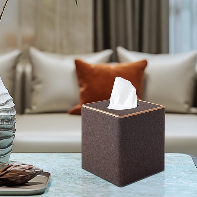 RHCSZ Linen Square Tissue Box Cover,Cube Tissue Box Holder－Excellent Rosegold Leather Decoration,Table Napkin Case Dispenser,Facial Tissues Organizer with Magnetic Bottom for Home Office Car(Coffee)