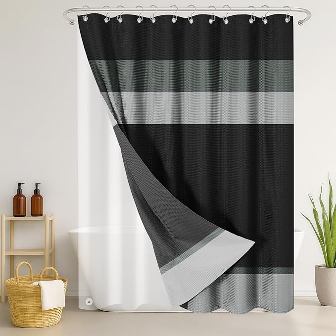 Nesphy Shower Curtain and Liner, Black and Grey Striped 3 in 1 Shower Curtain and PEVA Liner Set with 12 Rust-Resistant Metal Hooks, Waterproof Fabric Shower Curtains for Bathroom, 72 W x 72 H