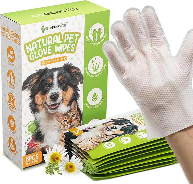 GoEcoVita Pet Glove Wipes for Dogs & Cats | Nourish & Clean Fur & Skin | Coconut Oil & Chamomile Rinse-Free Wipes | Bathing Glove Wipes for Daily Care and Travel | Natural, Hypoallergenic (8 Pack)