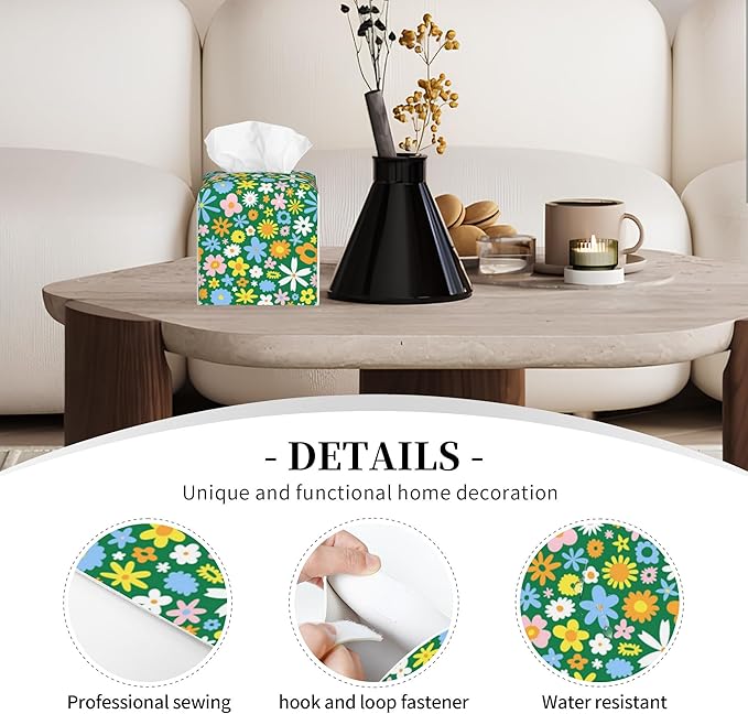 POIUBLE Colorful Hippie Flowers Tissue Box Cover Leather Tissue Box Holder Square Facial Paper Organizer Dispenser for Bathroom Kitchen Bedroom Vanity Countertop Night Stands