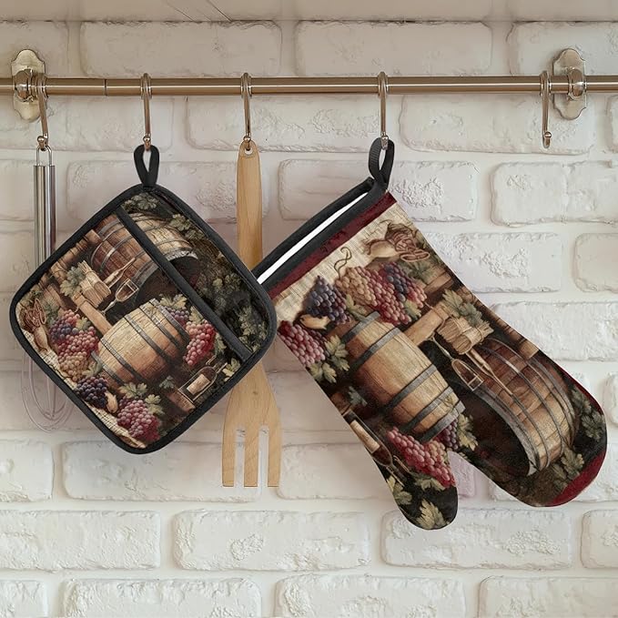 Vintage Wine and Ripe Grapes Oven Mitts and Pot Holders Sets, 2 Pcs Decorative Kitchen Oven Glove for Cooking