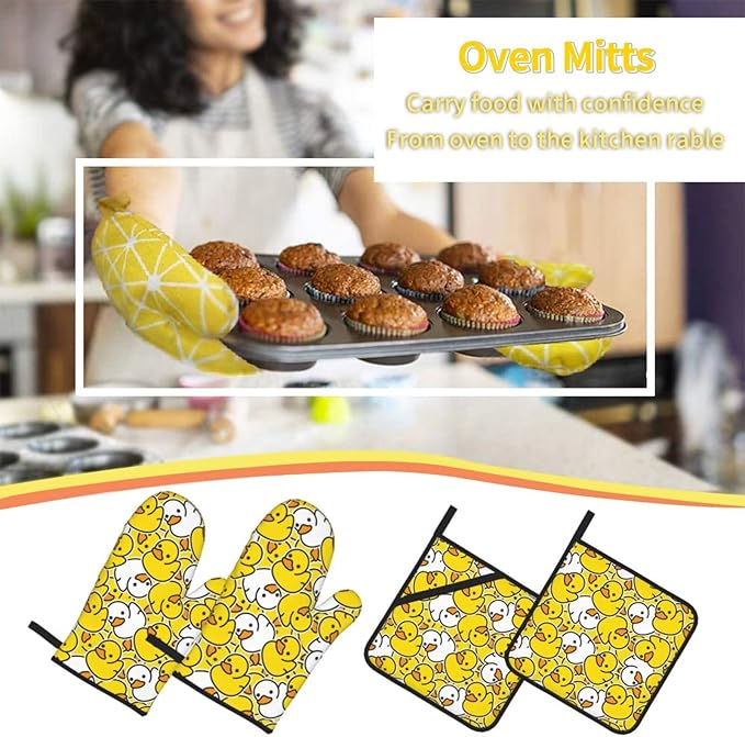 Cute Yellow Duck Oven Mitts and Pot Holders Set of 4, Oven Mittens and Potholders Heat Resistant Gloves for Kitchen Cooking Baking Grilling BBQ