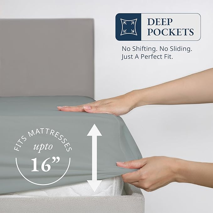 Lane Linen 100% Egyptian Cotton Twin Size Fitted Sheet Only (39"x75" + 15") - Elegant Sateen Weave, Ultra Soft, Breathable, Highly Durable, Deep Pockets Upto 17" - Mineral