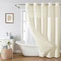 eachope Extra Long No Hook Shower Curtain with Snap-in Fabric Liner Set,Cream Waffle Weave Shower Curtains for Bathroom,Hotel Luxury Decor Bathroom Curtain Set,Waterproof & Washable,71Wx86H