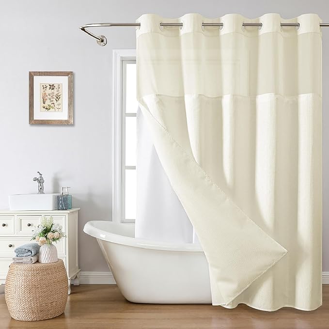 eachope Extra Long No Hook Shower Curtain with Snap-in Fabric Liner Set,Cream Waffle Weave Shower Curtains for Bathroom,Hotel Luxury Decor Bathroom Curtain Set,Waterproof & Washable,71Wx86H
