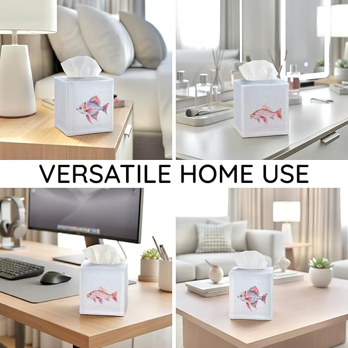 EmbroideryLinen.VN Tissue Box Cover Set of 2, Square Linen Tissue Holder, Printed Animal Pattern, 4.5x4.5x5.5 Inches, Decorative Holder for Bathroom, Living Room, Office (Fish)