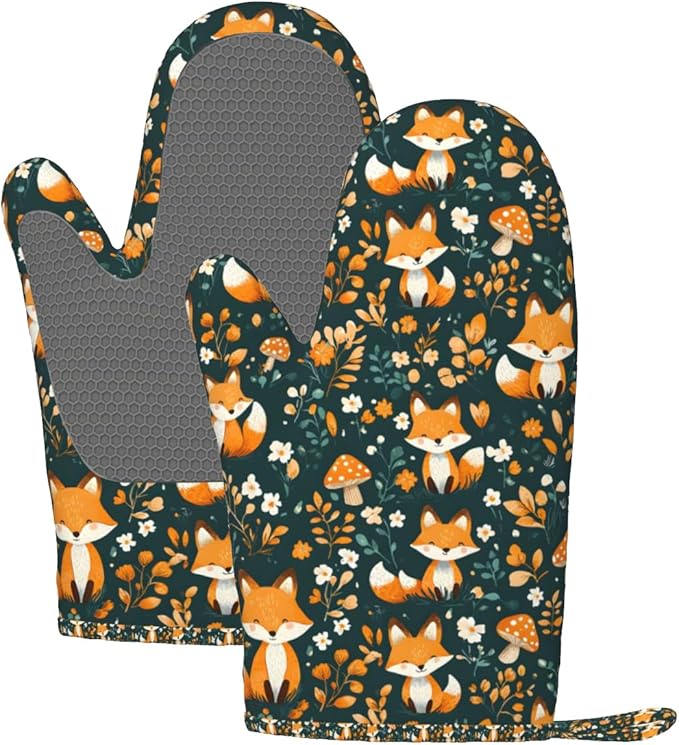 Oven Mitts 2 Pack, Silicone Kitchen Gloves, Heat Resistant with Non-Slip Grip and Soft Quilted Cotton Lining for Cooking Barbecue Backing (Fox)