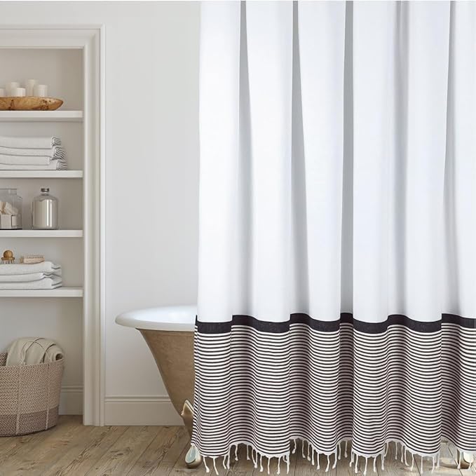 HALL & PERRY Modern Farmhouse Tassel Shower Curtain 100% Cotton Striped Fabric Shower Curtain with Tassels for Bathroom Décor (Tan, 72"x84")