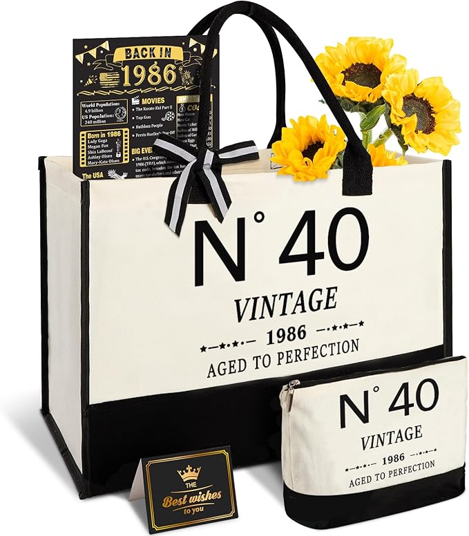 YeohJoy 40th Birthday Gifts for Women Canvas Tote Bag Travel Gear, Unique 40 Years Old Gifts for Wife Mom Sister Aunt Friends Her, Vintage N°40 Handbag & Cosmetic Bag & Back in 1986 Poster