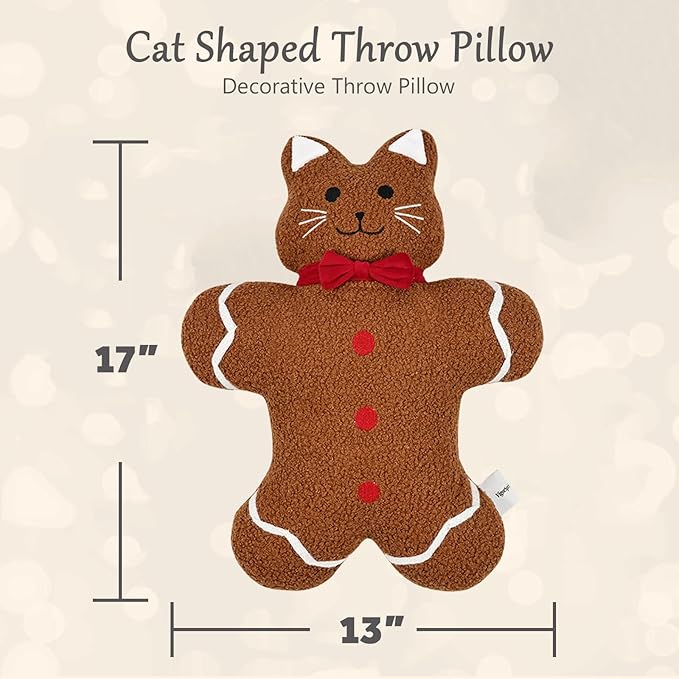 VigorSpring Gingerbread Cat Plush Pillows - Soft Teddy Fleece Stuffed Cushion, Cute Animal Shaped Pillow for Kids Girls Women, Perfect for Sofa Bed Office Living Room Decor and Birthday Gift (Brown)