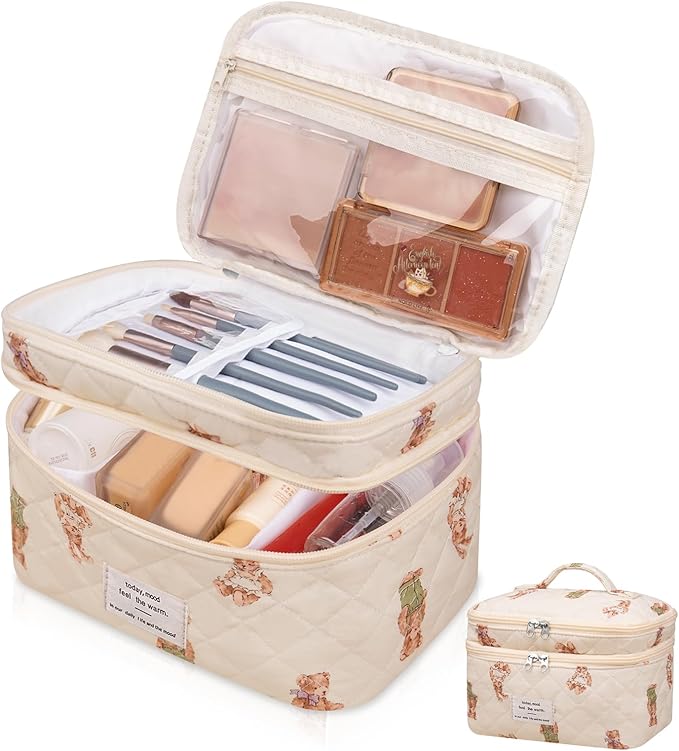 Makeup bag, Large Cosmetic Bag for Women Girls, Cute Quilted Makeup Bags, Floral Coquette Aesthetic Toiletry Bag, Travel Make Up Organizer Bag (Bear)
