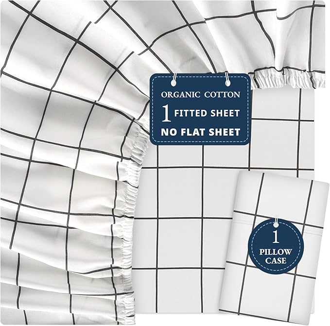 LANE LINEN Twin XL Fitted Sheet, 100% Organic Cotton 2-Piece Set (1 Fitted Sheet, 1 Pillowcase), Percale Weave, Lightweight, Soft, Breathable, Fits Mattress Upto 15" Deep - Windowpane (No Flat Sheet)