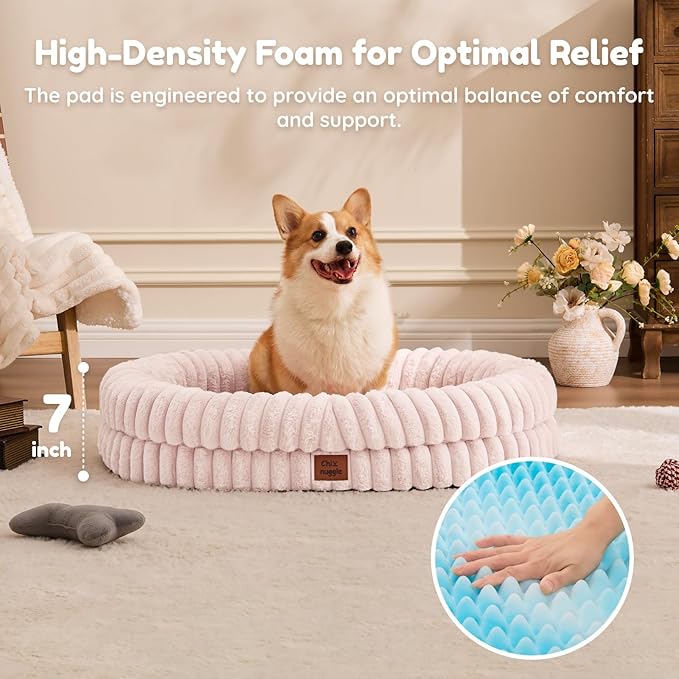 ChiXnuggle Dog Bed Large Sized Dog - Luxury Striped Faux Fur Waterproof Pet Couch with Removable Washable Cover, Orthopedic Pet Bed with Bolster Sides for Sleeping, Pink