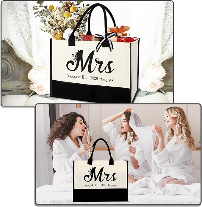 Vanqruo Mrs 2026 Canvas Tote Bag for Bride with Cosmetic Bag, Bride Gifts for Bridal Shower, Wedding Gifts for Bride to Be, Engagement, Bachelorette Party, Honeymoon, Miss to Mrs