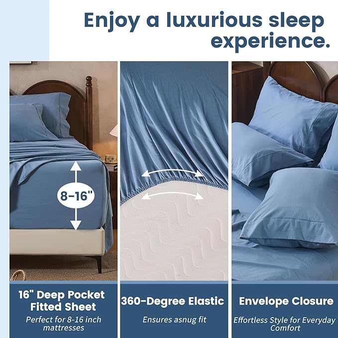 100% Linen Sheets Queen Size,Breathable & Durable 4-Piece Bed Flax Sheet Set,Soft All-Season Bedding for Hot Sleepers 16" Deep Pocket Oeko-TEX Certified,（Queen, Dusty Blue）