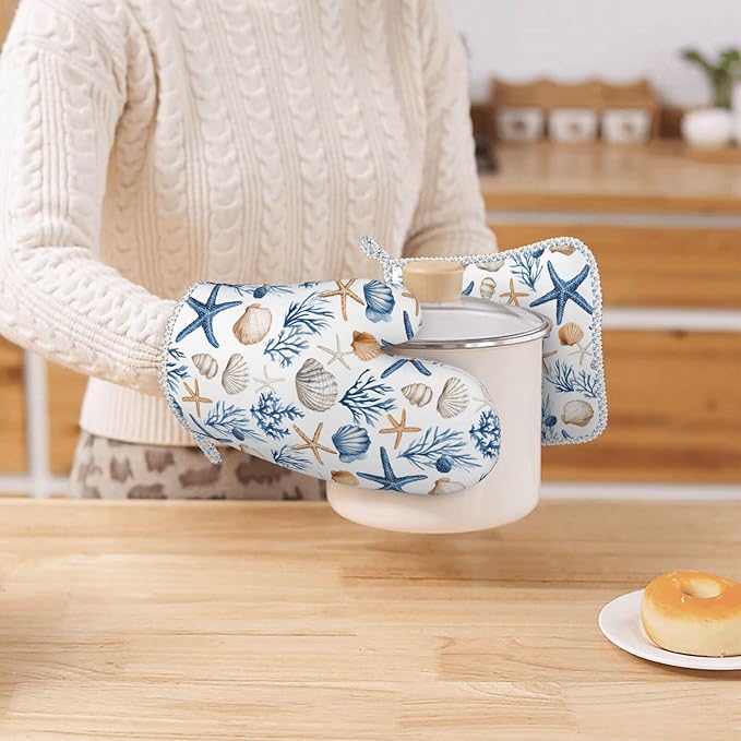 Oven Mitts Pot Holders Set Blue Seashell Starfish Childish Silicone Kitchen Gloves Potholders Heat Resistant for Chef Baking Cooking Grilling BBQ 4 Pack Mitt
