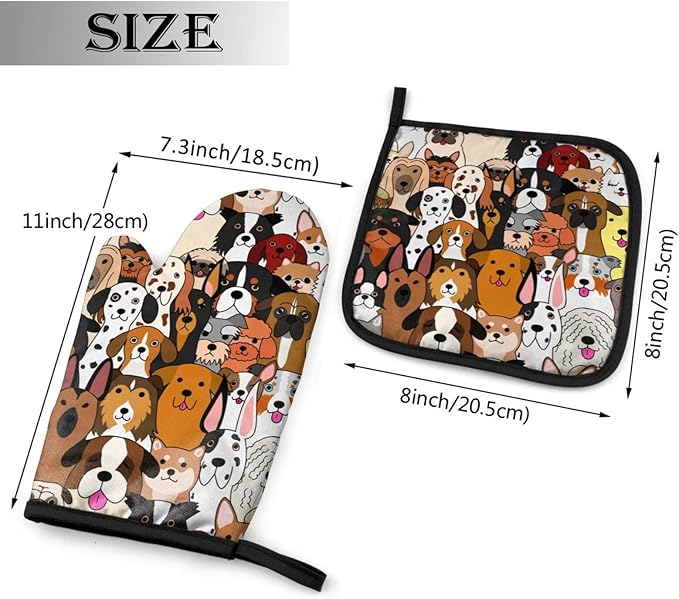 Cute Dogs Oven Mitts and Pot Holders Insulated Gloves & Kitchen Counter Safe Mats for Cooking BBQ Baking Grilling (2-Piece Set)