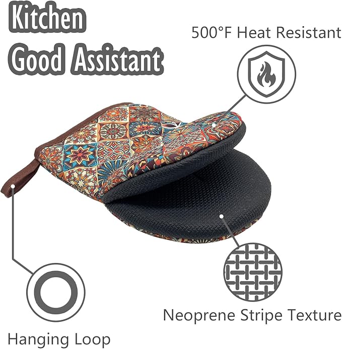 Vintage Bohemian Boho Mandala Floral Mini Silicone Oven Mitts, Heat Slip Resistant Kitchen Gloves 2-Pack Set, Soft Short Small Oven Mittens Pot Holders for Baking Grilling Barbecue Microwave Gift