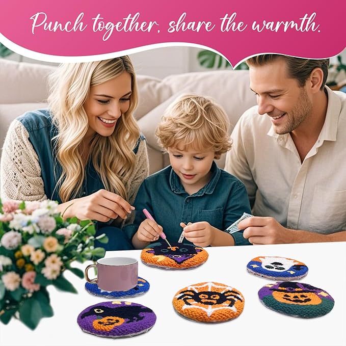 Halloween Punch Needl Kit for Adults Beginners, Easy Embroidery Punch Coaster Starter Set with Instruction – Fun Needle Point Craft for Table Decor & Festival DIY Gifts (6pcs Spooky)