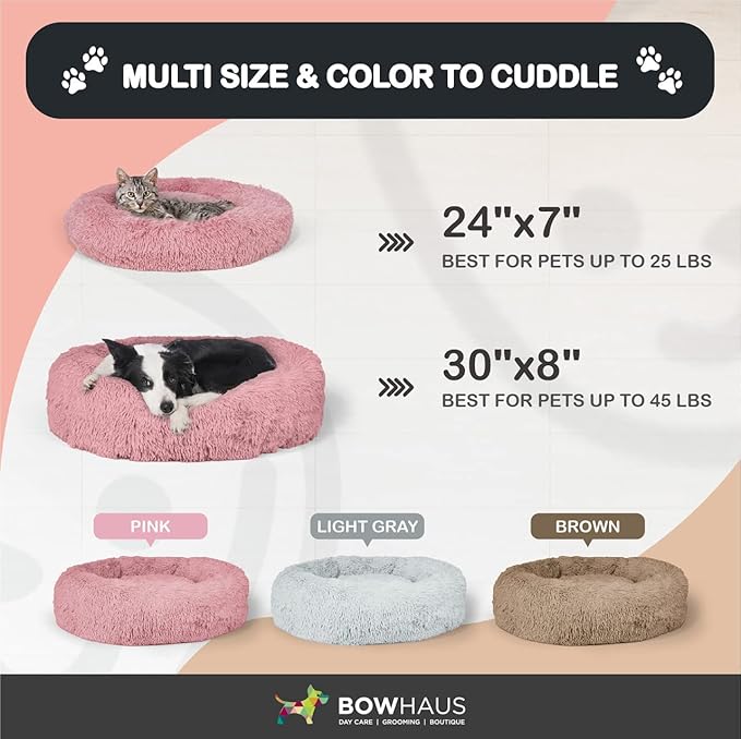 BOWHAUS 24/30 Inch Calming Donut Pet Bed for Small/Medium Cats and Dogs, Anti-Slip Bottom, Washable, Anti-Anxiety Fluffy Round Cat Bed, Indoor Shaggy Cuddler Cotton Candy Brown, Light Gray, Pink Bed