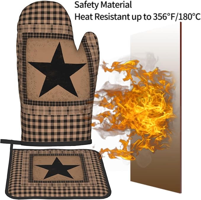 Western Oven Mitts and Hot Pads Set of 2 Texas Star Heat Resistant Non-Slip Cooking Oven Gloves Pan Mat Primitive Decorative Kitchen Accessories for Chef Baking Grilling