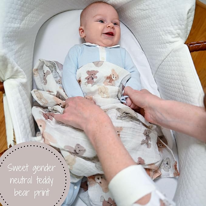 LollyBanks Muslin Swaddle Blankets for Boys and Girls, Large 47 x 47 Inches Soft Swaddles for Newborns, Breathable and Lightweight 100% Cotton Baby Receiving Blankets, Registry (Teddy Bear Theme)