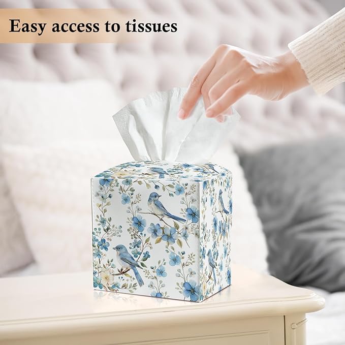 Blue Bird and Flower Tissue Box Covers Square, Leather Tissue Box Holders Decorative for Car Nightstand Home Office Bathroom Organizer, Square Facial Paper Organizer Home Decor -012